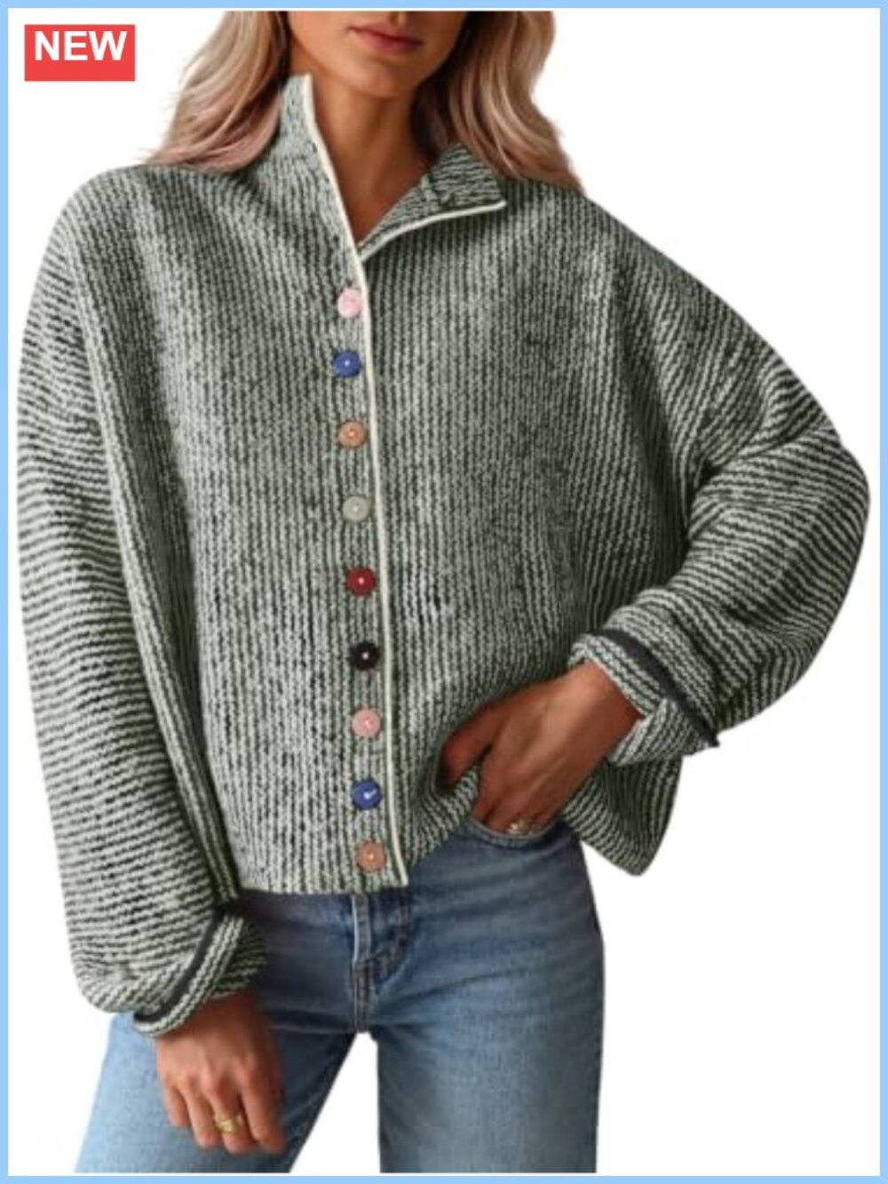 Striped Cardigan Sweater Long Sleeve Knit Button Down Stand Collar
